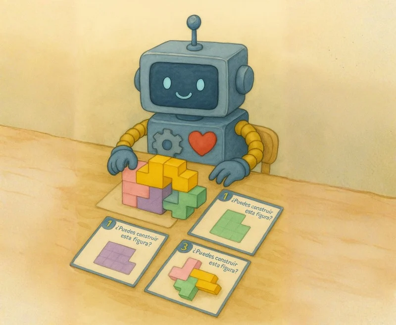 Un robot construye una figura con bloques de colores siguiendo las cartas de reto